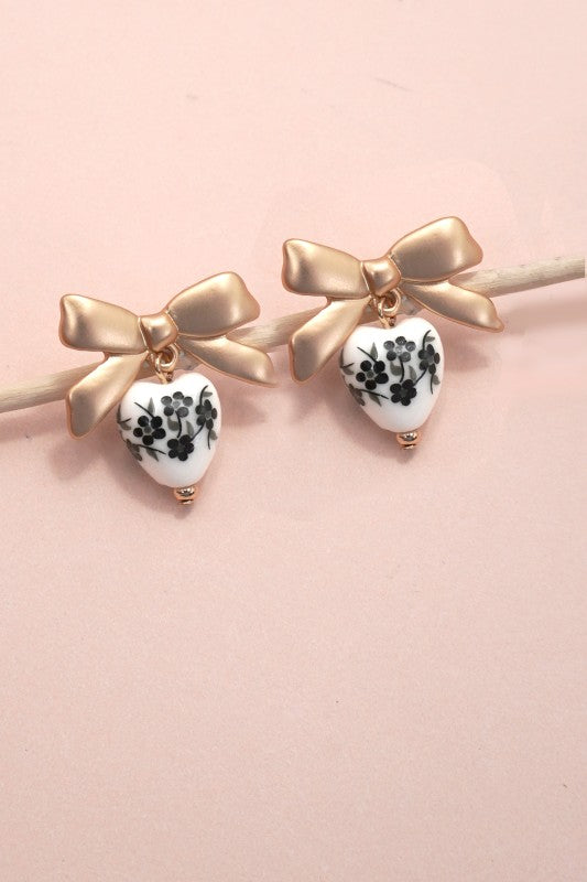 Porcelain Heart Bow Drop Earrings