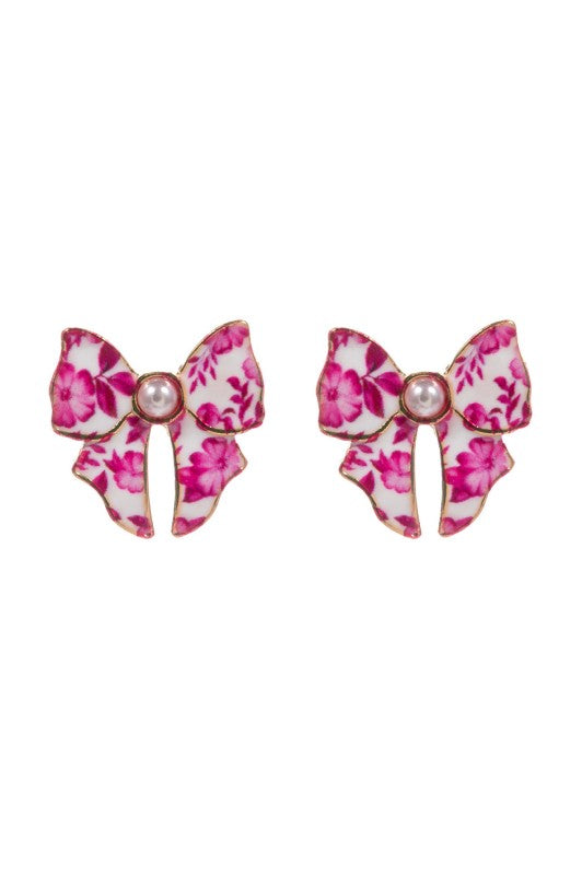 Floral Ceramic Pearl Studded Bow Earring
