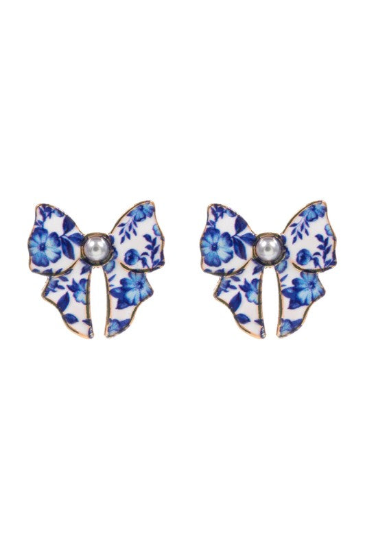 Floral Ceramic Pearl Studded Bow Earring