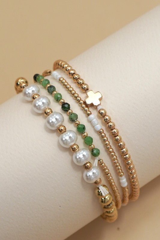 Pearl Ball Bead Cross Bracelet Set