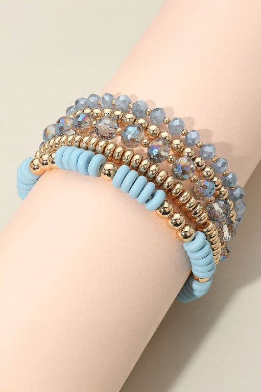 Flat Wood & Crystal Beaded Bracelet Set