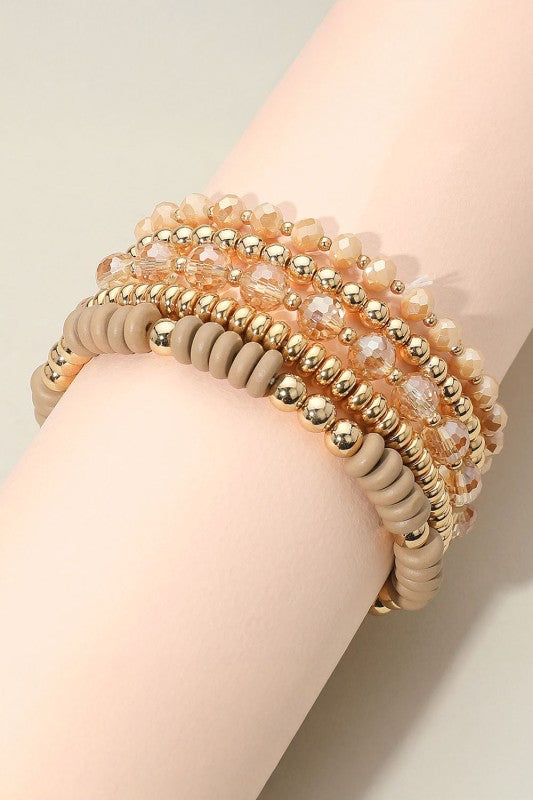 Flat Wood & Crystal Beaded Bracelet Set