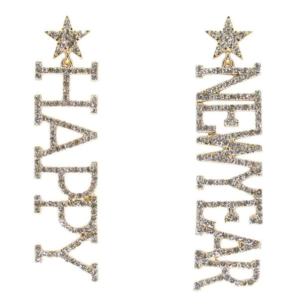 Rhinestone Happy New Year Dangle Earrings