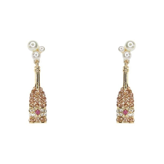 Rhinestone Champagne Bottle Dangle Earring-Pink