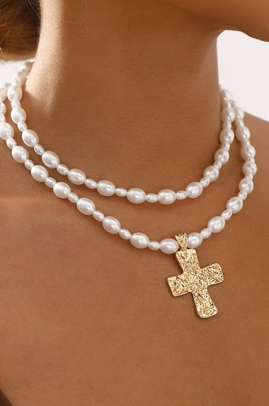 Double Pearl Chain Chunky Cross Necklace-Gold