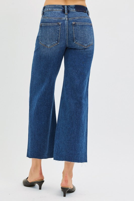 Mid Rise Crop Wide Raw Hem Denim-Dark