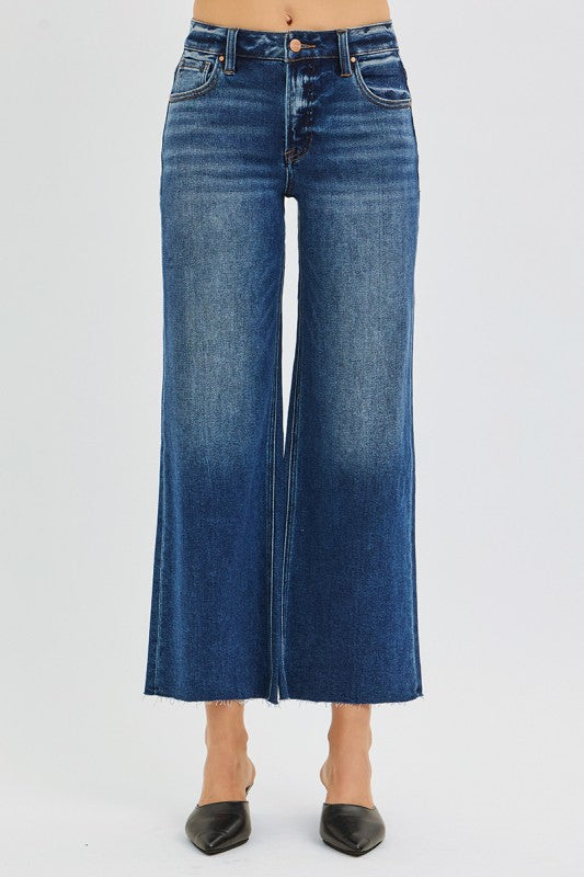 Mid Rise Crop Wide Raw Hem Denim-Dark