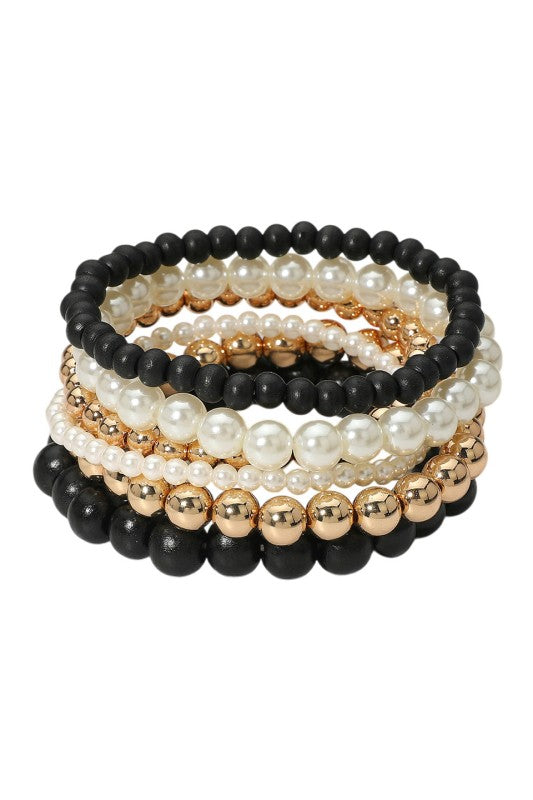 Wood & Pearl Ball Bead Bracelet Set