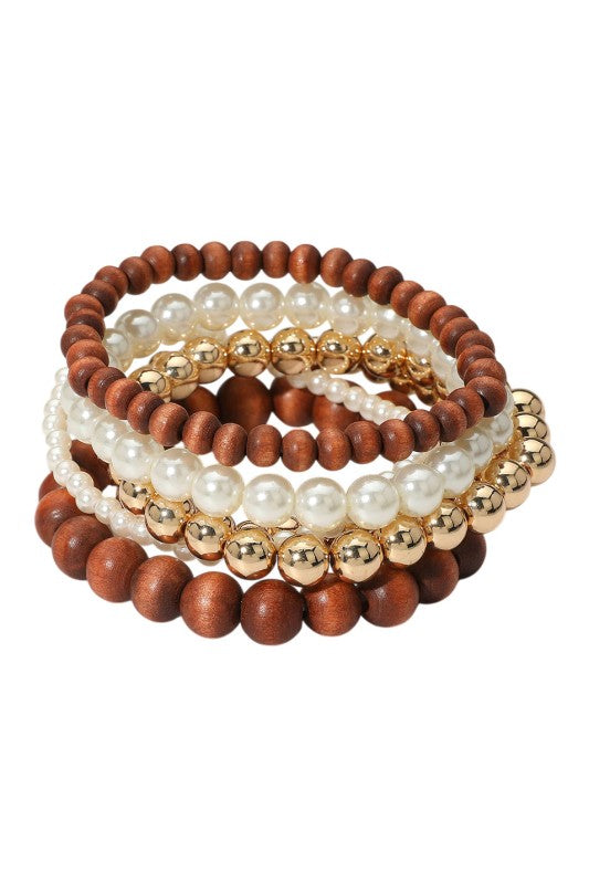 Wood & Pearl Ball Bead Bracelet Set