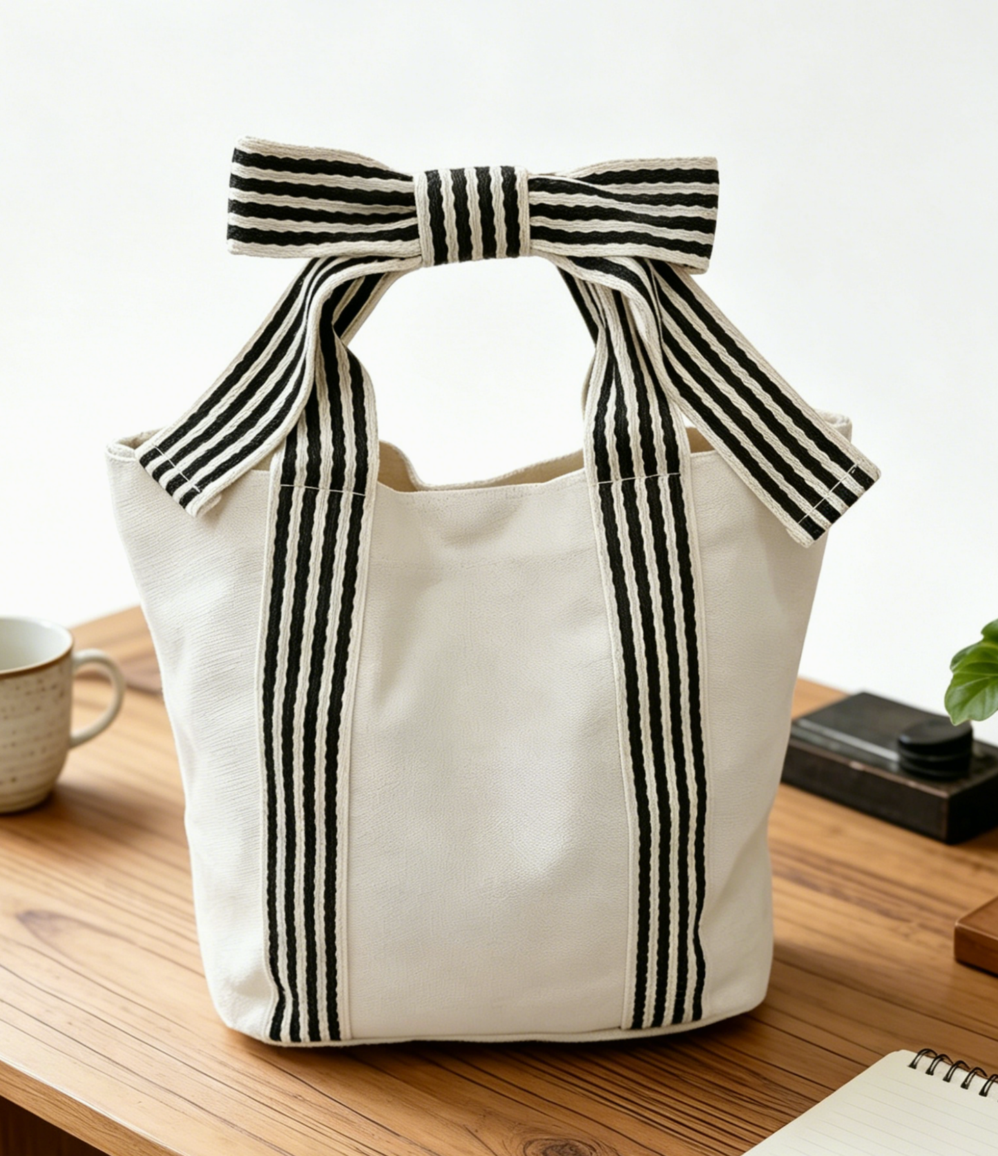 Striped Canvas Tote Bag Bow Handle Bag with Personalization