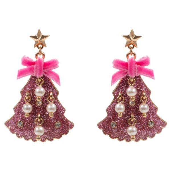 Glitter Tree w/ Bow & Pearl Dangle Charm Earrings