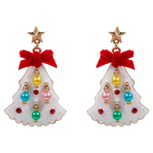 Glitter Tree w/ Bow & Pearl Dangle Charm Earrings