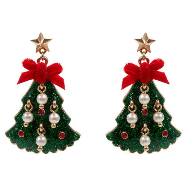 Glitter Tree w/ Bow & Pearl Dangle Charm Earrings