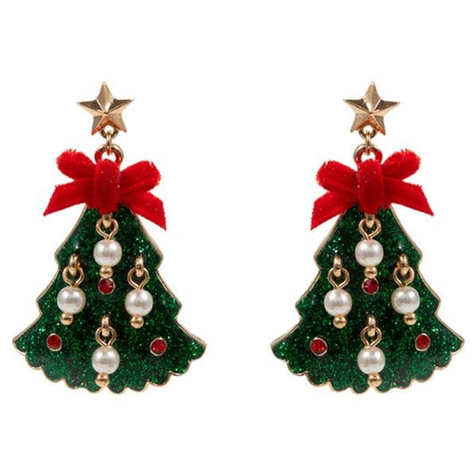 Glitter Tree w/ Bow & Pearl Dangle Charm Earrings