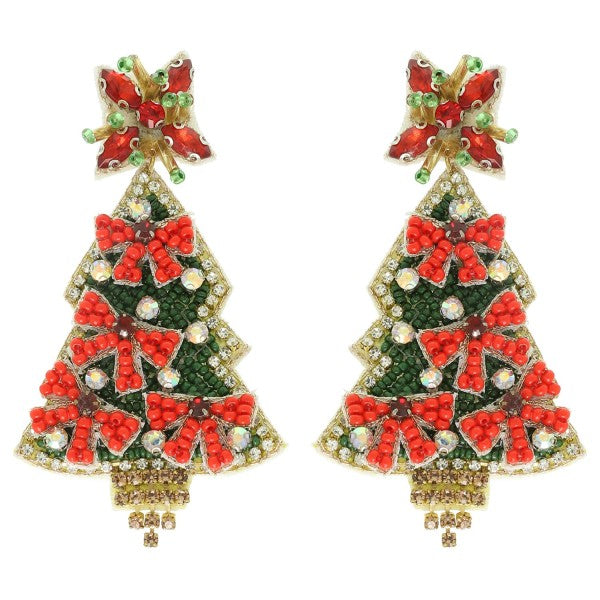Red Beaded Bow Decorated Tree Earring