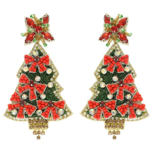 Red Beaded Bow Decorated Tree Earring