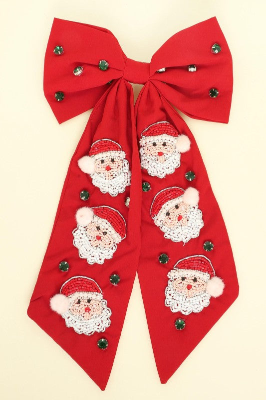 Solid Red Beaded Santa Bow Hair Clip