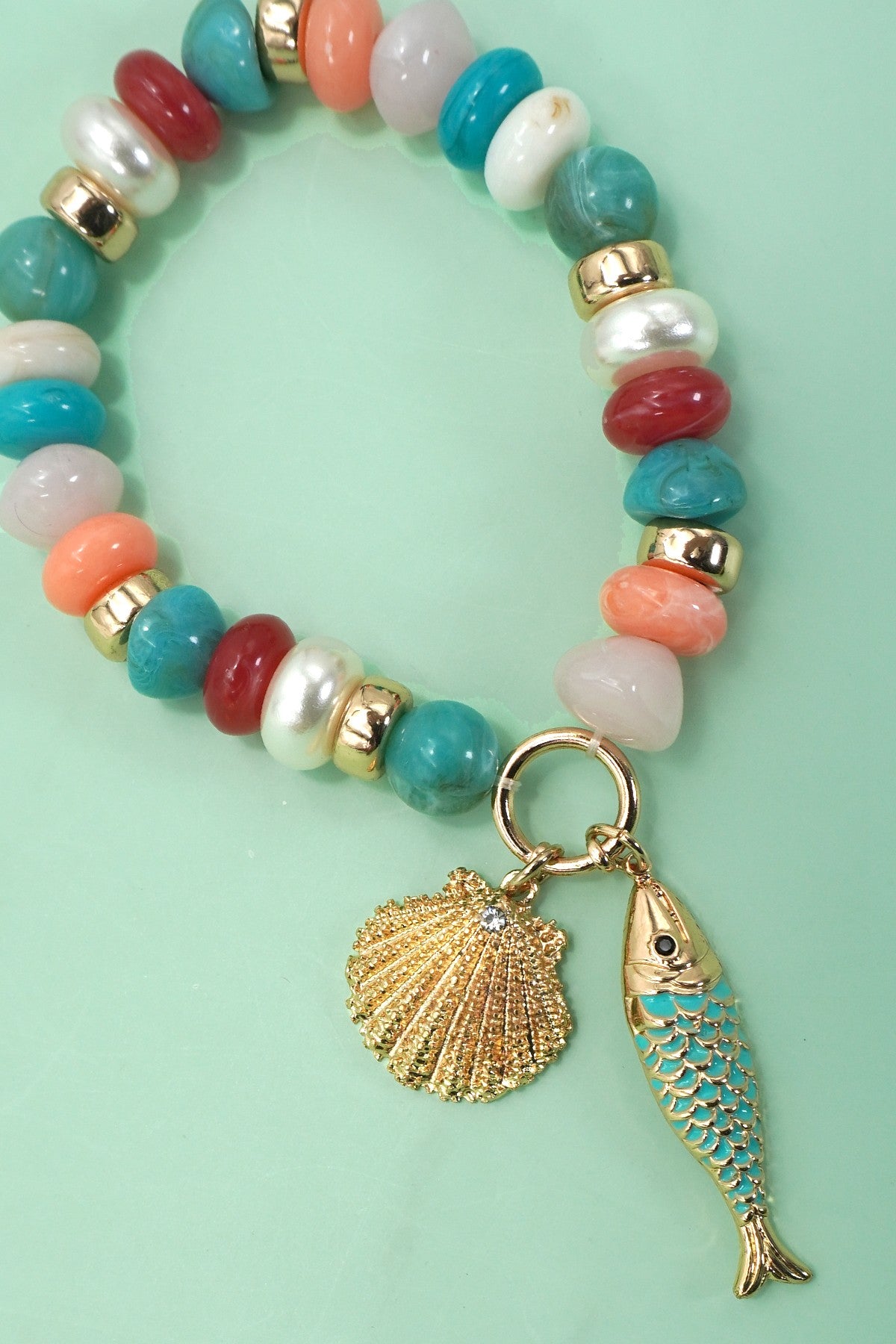 Pearl & Stone Bead Shell & Fish Bracelet-Multi