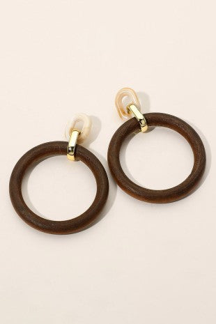 Wooden Circle Link Drop Earrings-Brown