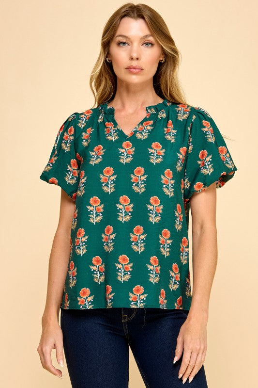 Fall Floral Puff Sleeve V-Neck Top