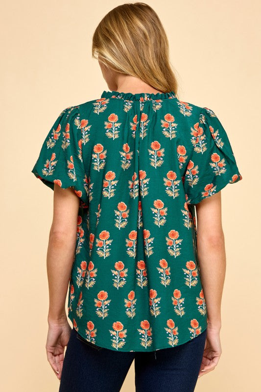 Fall Floral Puff Sleeve V-Neck Top