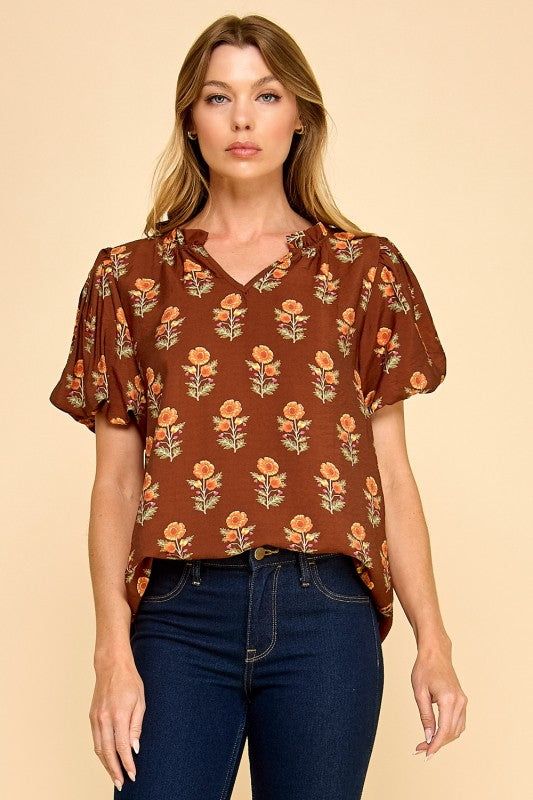 Fall Floral Puff Sleeve V-Neck Top