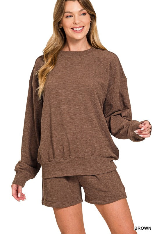 Solid Slub Sweatshirt & Short Set-Brown