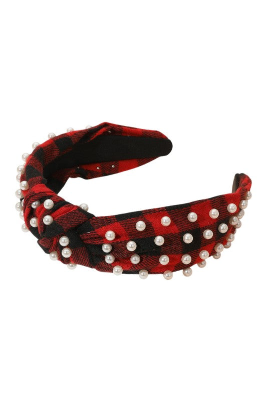 Pearl Studded Plaid Knot Headband