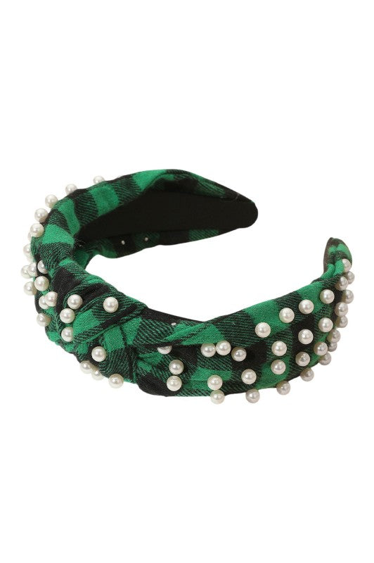 Pearl Studded Plaid Knot Headband