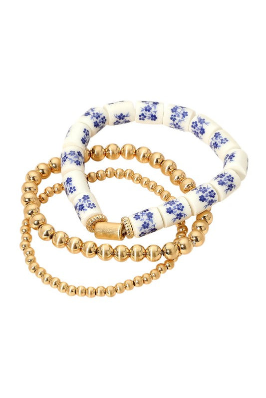 Floral Ceramic Cylinder Ball Bead Bracelet Set-Blue