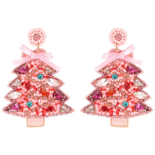 Pink Ribbon Topped Beaded Christmas Tree Earring