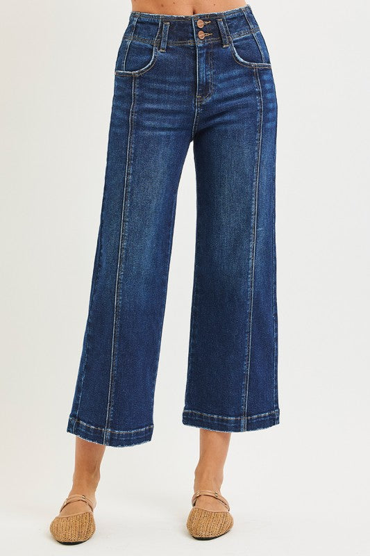 High Rise Front Seam Wide Leg Cropped Denim-Dark
