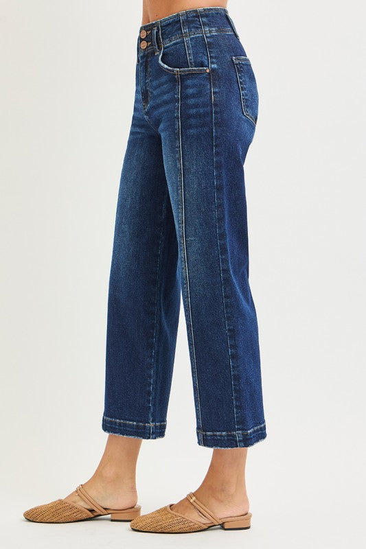 High Rise Front Seam Wide Leg Cropped Denim-Dark