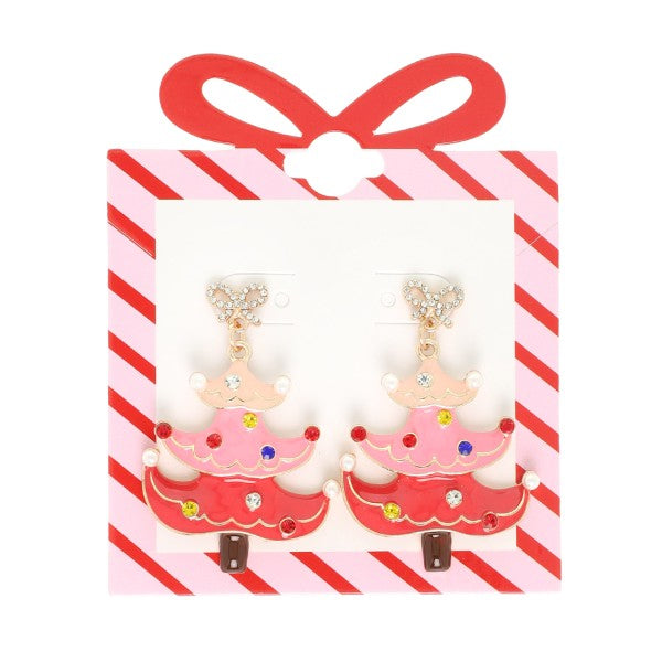 Rhinestone Bow Drop Enamel Tree Earring-Pink
