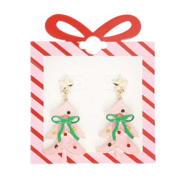 Star Drop Enamel Bow Tree Earring-Pink