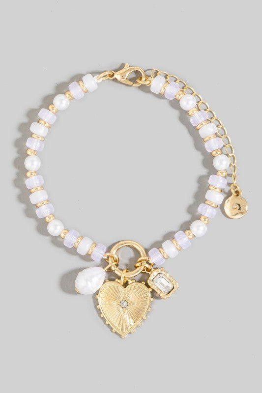 White & Pearl Beaded Heart Charm Bracelet