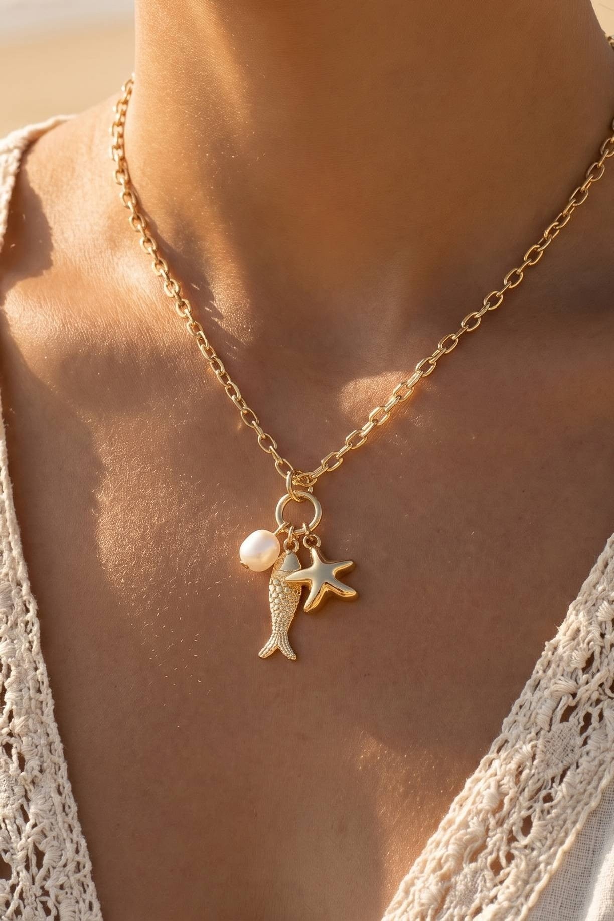 Fish, Pearl & Starfish Charms Chain Necklace