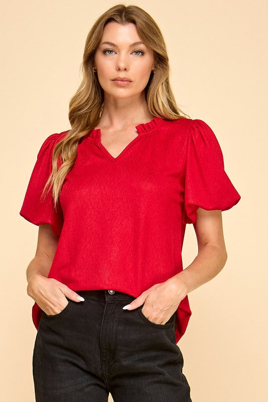 Shimmer Puff Sleeve Ruffle V-Neck Top