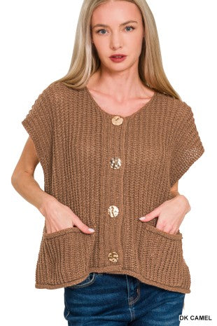 Large Gold Button Short Sleeve Sweater