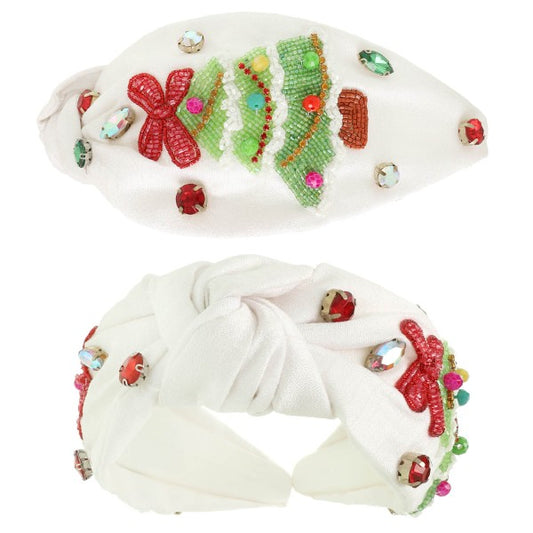 Beaded Bow Topped Tree Knotted Headband-White
