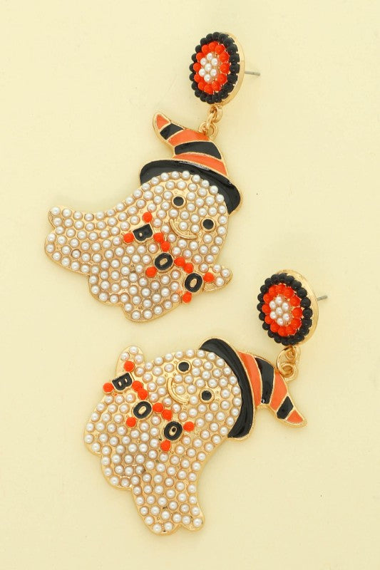 Pearl Pave Ghost Boo Banner Earring