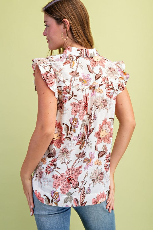 Floral Collared Button Ruffled Sleeve Top