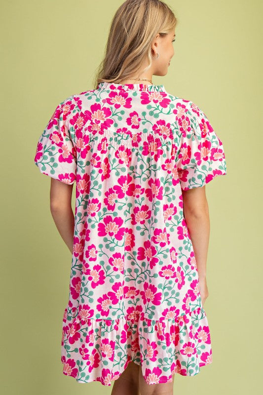 Floral Puff Sleeve Smocked Edge Yoke Dress-Pink Mix
