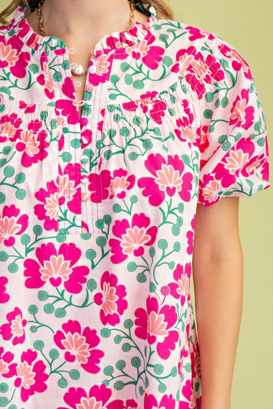 Floral Puff Sleeve Smocked Edge Yoke Dress-Pink Mix