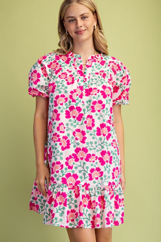 Floral Puff Sleeve Smocked Edge Yoke Dress-Pink Mix