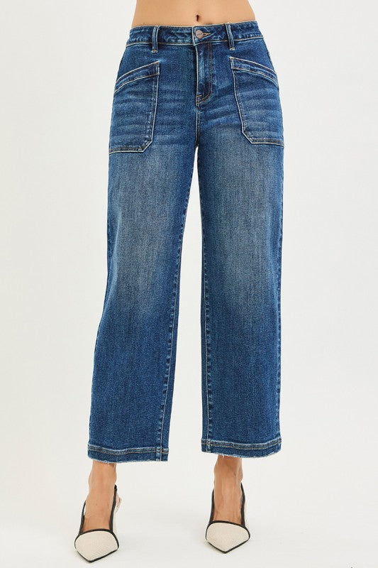Slouchy Crop Patch Pocket Denim-Dark