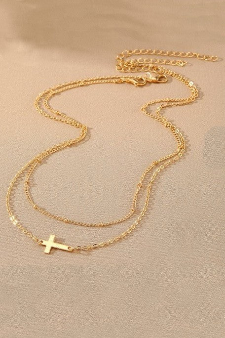 Layered Cross & Ball Chain Necklace-Gold