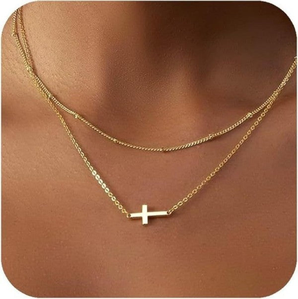 Layered Cross & Ball Chain Necklace-Gold