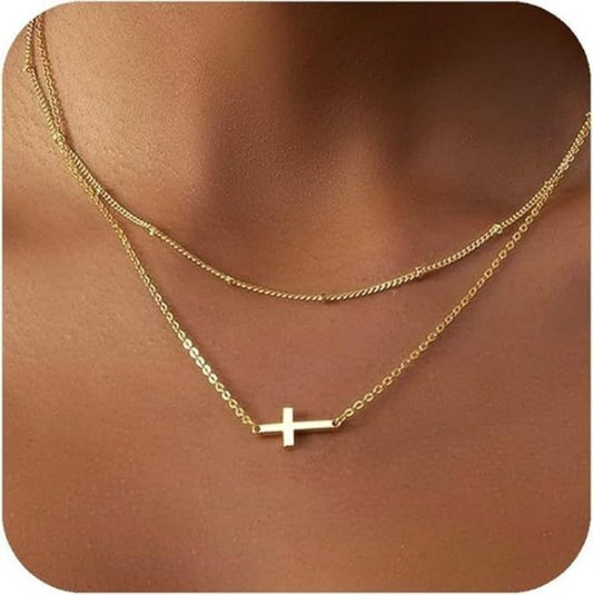 Layered Cross & Ball Chain Necklace-Gold