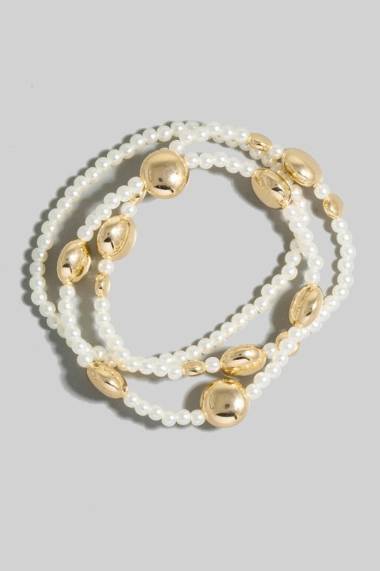 Pearl & Gold Flat Beaded Bracelet Set